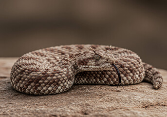 Desert horned viper with detailed scales, forked tongue extended, coiled on textured sand. Dangerous reptile in natural habitat close up.