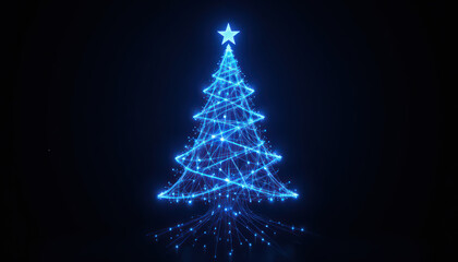 Abstract Blue Illuminated Christmas Tree Against Black Background with Digital Network Connection	
