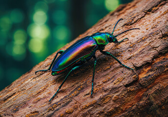 Fototapeta premium Beautiful iridescent beetle with shiny carapace walking on tree bark. Detailed close up of exotic insect in nature.