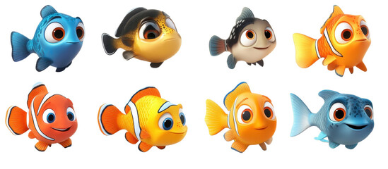 Obraz premium 3D Cartoon Fish Characters Set of various clown fish isolated on a white transparent background