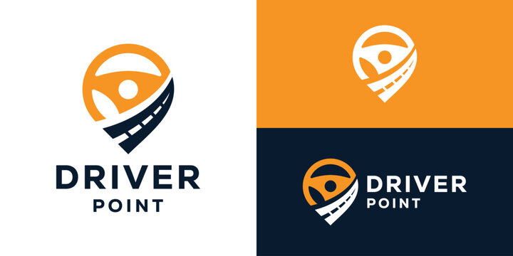Creative simple driver point logo template. Steering wheel with road street highway logo design vector illustration.