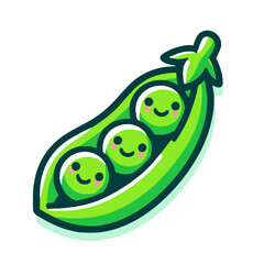 Cheerful cartoon peas in a pod with smiling faces and vibrant green color on transparent background for children’s nutrition education and healthy eating visuals