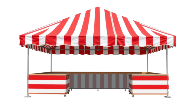 Empty red and white striped canopy market stall for outdoor events and exhibitions isolated on transparent background