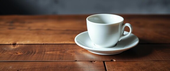 Simple white porcelain cup and saucer rest on rustic wooden table,  saucer,  minimalist