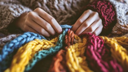 Hands Knitting Colorful Yarn for Blanket