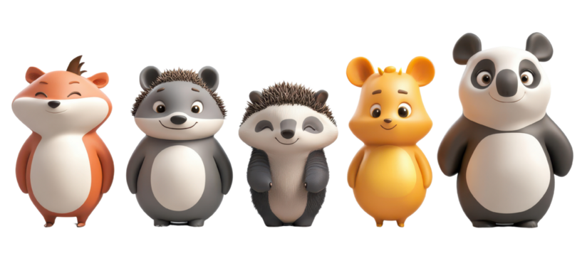3D Cartoon  Characters Fox Hedgehog Hippo isolated on a white background, cutout