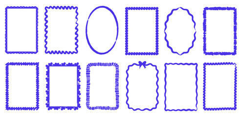 Hand drawn frames by paint brush or chalk. Wavy borders stamp decoration for greeting cards wedding or birthday invitations in marine sea style