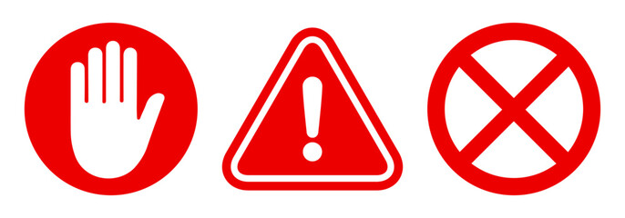Stop sign icon with hand, exclamation marc and cross