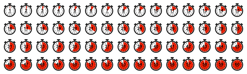 Stopwatch icons, timer from 1 to 60 minute timer, timer clock, countdown timer symbol icon set