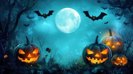 Fototapeta premium Halloween night scene featuring glowing jack o lanterns, bats flying against a full moon, and a spooky, misty forest background. Festive and eerie holiday atmosphere.