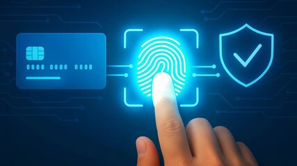 A close-up of a hand interacting with digital security features, showcasing a fingerprint scan related to identity verification and online protection alongside a credit card.