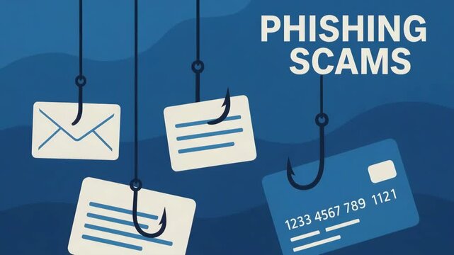 A visual representation of phishing scams, featuring hooks with emails and credit card information. It highlights the dangers of cybercrime in a digital world.