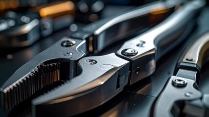 Macro capture shows precision grip pliers with toothed jaws, arranged on workbench with other metal tools. - Powered by Adobe