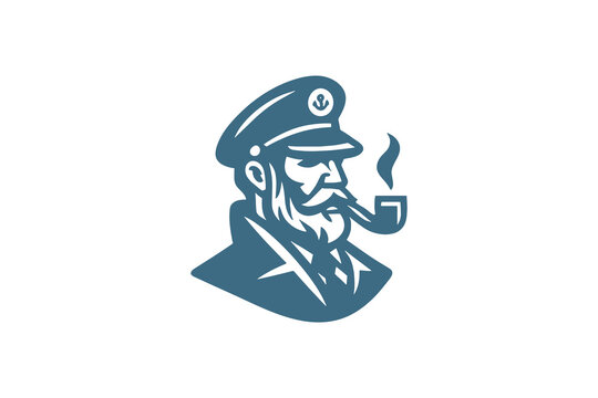  Sea captain with pipe, vintage flat style vector logo illustration