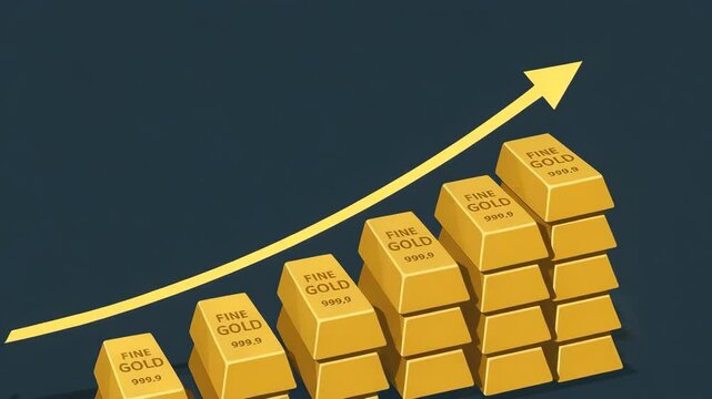 An illustrative representation of rising gold prices, showcasing stacked gold bars with a graph indicating upward trends in wealth and investment. Symbolizes financial growth.