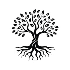 Majestic Tree with Deep Roots Black and White Illustration