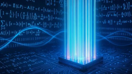 A futuristic depiction of a digital processor surrounded by beams of light, symbolizing the innovation and power of technology. Ideal for themes of computing and data processing. - Powered by Adobe