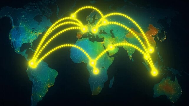 A vibrant depiction of global connectivity, showcasing interconnected nations through pathways of glowing dots