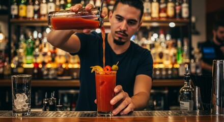 Bartender Pouring Bloody Mary Cocktail - Expert bartender crafting a classic Bloody Mary, garnished with celery and olives. The symbolizes skill, precision, mixology, refreshment, and bar culture