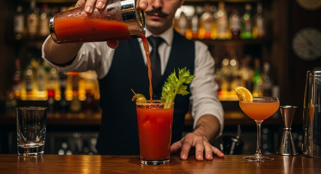 Bartender Making Bloody Mary Cocktail - Close-up of a bartender expertly pouring a Bloody Mary into a glass, garnished with celery. A second cocktail sits nearby