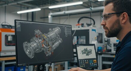 CAD Model Engineering Workshop Closeup - Precision engineering, detailed design, technical environment, 3D modeling, workshop view.
