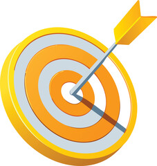 A 3D isometric vector icon of a target with an arrow hitting the center. Represents success, achievement, goal setting, and business focus.