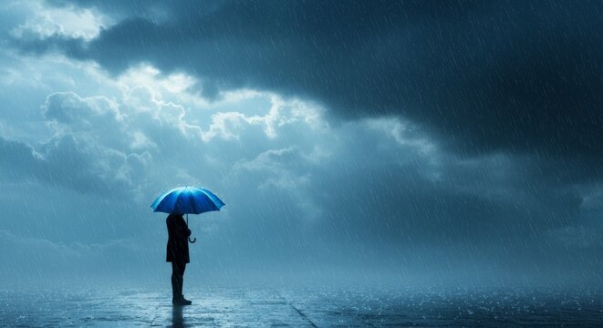 Blue Umbrella Solitude in the Rain - A lone figure stands under a blue umbrella during a heavy downpour, symbolizing resilience, contemplation, solitude, peace, and hope amidst adversity