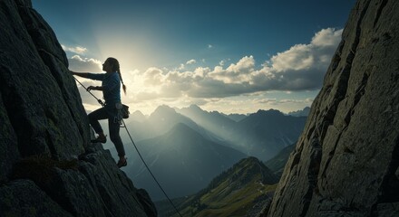Climber's Pursuit: Conquering Heights - A lone climber ascends a steep rock face, symbolizing perseverance, determination, challenge, freedom, and achievement against a breathtaking mountain backdrop