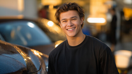 Fototapeta premium A young man celebrating his polished car in golden hour