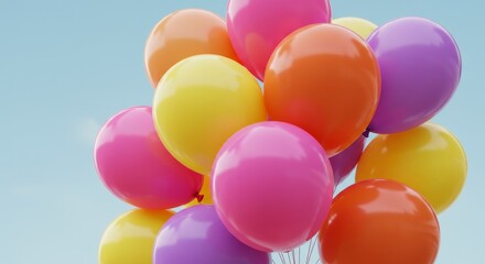 Colorful Balloons Cluster Against Light Blue Sky - A cheerful symbolizing celebration, joy, happiness, festivity, and freedom. Brightly colored balloons float against a light blue sky
