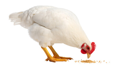 A pristine white chicken with a striking red comb is shown feeding on the ground in a close-up, isolated on a PNG background.