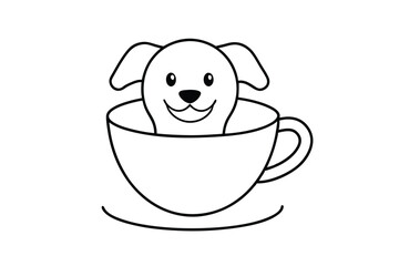 Smiling Dog Sitting in Teacup Cartoon Pet Scene Line Art