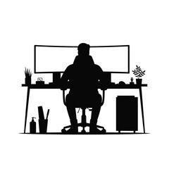 Silhouette of Person Working at Desk with Dual Monitors
