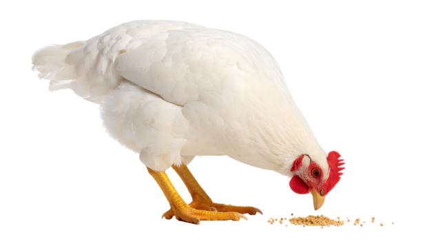 A pristine white chicken with a striking red comb is shown feeding on the ground in a close-up, isolated on a PNG background.