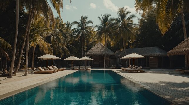 Tropical resort swimming pool surrounded by palm trees and thatched roofs.