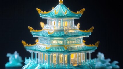 Naklejka premium Illuminated Multi-Tiered Pagoda with Intricate Architectural Details