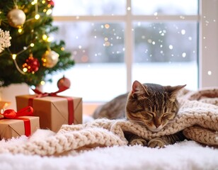 Cozy Christmas cat by window