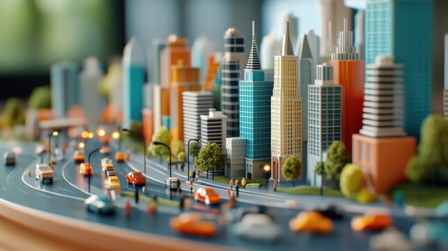 Miniature city model showcasing intricate details of buildings, roads and vehicles