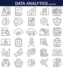 Line icons for data analytics, cloud computing, machine learning, and big data. Perfect for dashboards, reports, and tech presentations. Clean, modern vector set in black outline style.