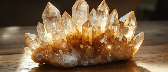 Crystal Cluster on Wooden Table with Natural Lighting