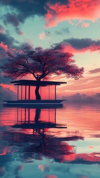 A serene pavilion with a single tree stands on calm water under a vibrant sunset sky.