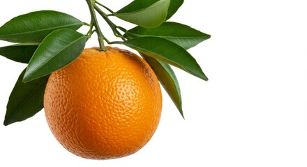 Fresh Orange on Branch - A ripe orange still attached to its branch with green leaves, isolated on a white background