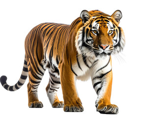 Obraz premium Powerful feline predator, the tiger, captured in a confident stride against a crisp PNG background.