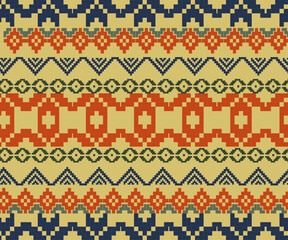 Vibrant ikat-style pixel design with yellow, red, and navy blue. The bold layout captures the spirit of tribal textiles with a contemporary digital flair—great for festive, folk.
