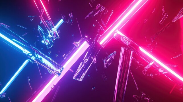 Abstract background with blue and pink neon lights intersecting, surrounded by glass shards. Modern, vibrant backdrop with geometric shapes and a futuristic feel on dark background.