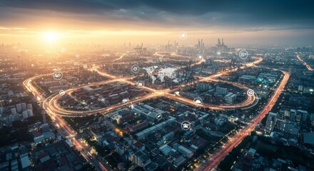 Obraz premium Global Industrial Network: A Gigapixel View - A symbolic depicting global supply chains, industrial interconnectedness, environmental impact, and technological integration.