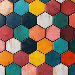 Colorful Hexagon Pattern Design on Wooden Surface