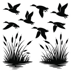 Flying Ducks Silhouette with Cattails Nature Illustration