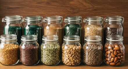 Healthy Grains and Seeds Collection - Assortment of healthy grains, seeds, and superfoods in glass jars. Perfect for healthy eating, nutrition, and wellness content