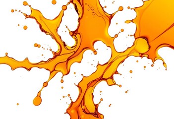 Amber caramel liquid splashes dynamically against pristine white backdrop, creating intricate patterns, drink, culinary